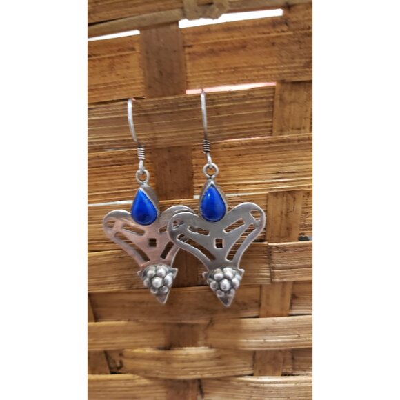 Vintage Silver Dangle Heart Shape Earrings With Lapis Lazuli S - Picture 5 of 10